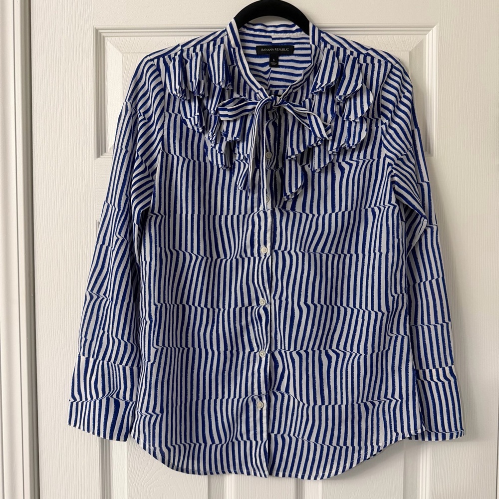 Banana Republic Blue White Striped Long Sleeve Button-Up Ruffled Neck-Tie Blouse